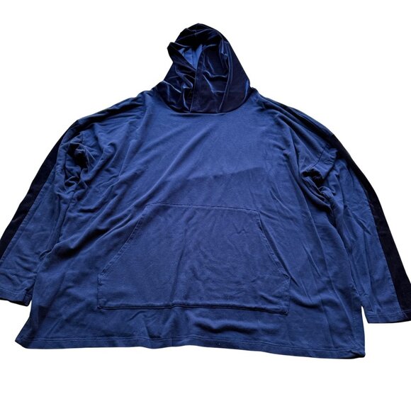 Eileen Fisher Size M Navy Blue Oversized Velvet Trim Hoodie Sweatshirt Pullover - Picture 2 of 16